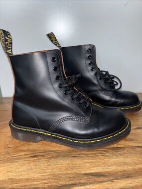 Dr. Martens Black Leather 8-Eye Combat Boots with Yellow Stitching